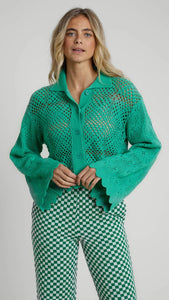 Crochet Cardigan With Collar Detail And Wide Sleeves - GREEN