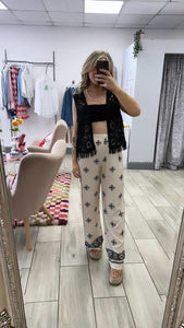Wide Leg Printed Trousers In Beige And Black