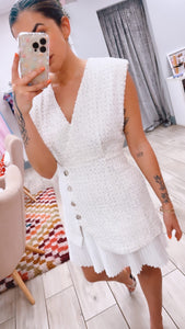 White Boucle Sleeveless Dress with Pleated Hem