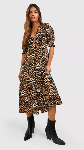 Leopard Print Shirred Cuff Midi Dress