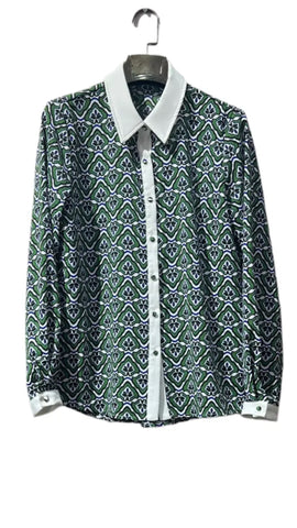 Green  White Collar Contrast Blouse