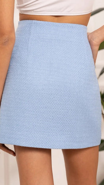 Tweed Split Front Mini Skirt - Sky Blue