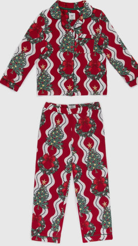 Chelsea Peers Kids Red & White Wreath & Tree Stripe Print Long PJ Set