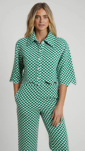 Green Checkerboard Scallop Hem Shirt
