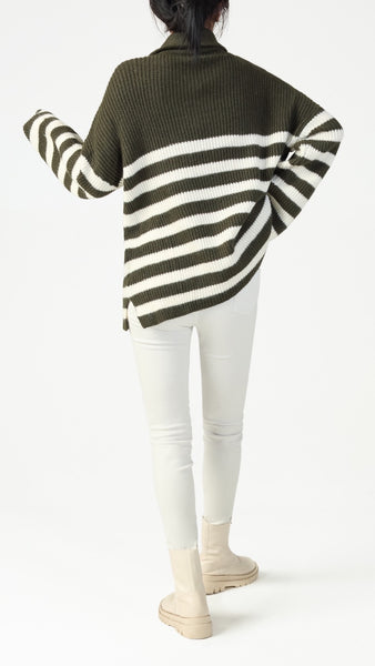 Striped Jumper With Zip In Khaki