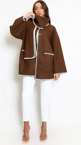 Contrast Edge Jacket And Scarf Set - Chocolate