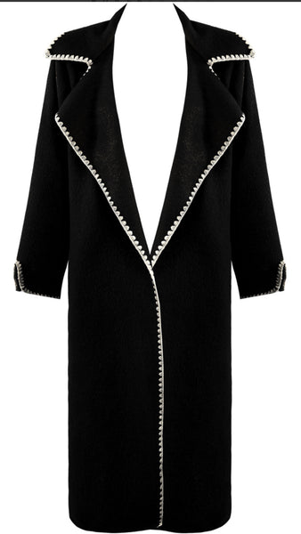 Contrast Trim Knitted Wrap Up Long Coat - Black