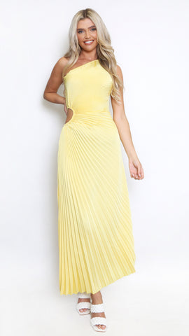 Satin Pleated One Shoulder Dress - Yellow