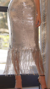 Silver Sequin Tassle Midi Skirt