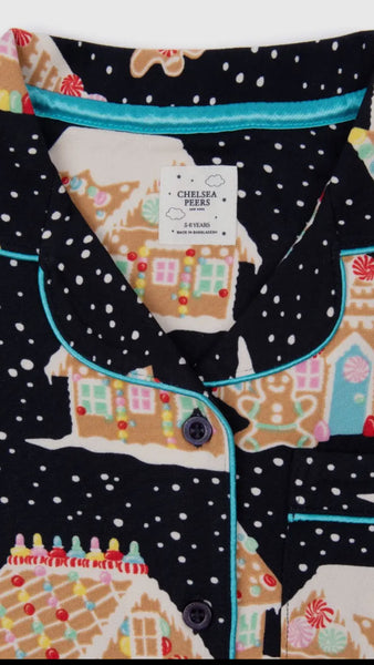 Chelsea Peers Kids Navy Gingerbread Houses Print Long PJ Set