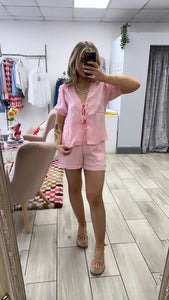 Pink Gingham Shorts And Tie Blouse Set