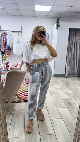 Pinstripe Front Pocket Belted Trousers In Blue And White
