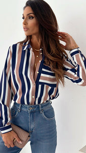 Shaya Striped Pocket Detail Blouse Top Shirt-Peach