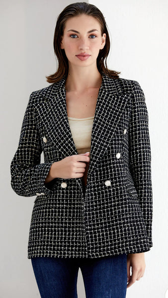Black Check Tweed Double Breasted Blazer