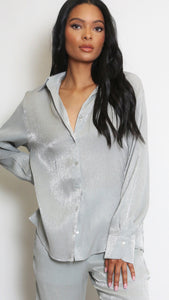 Long Sleeve Collared Blouse- Silver