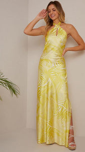 Yellow Halterneck Abstract Print Maxi Dress