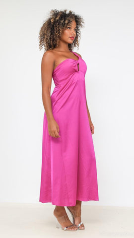 One Shoulder Satin Slip Dress - Pink