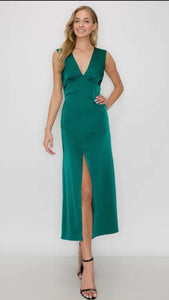 Sleeveless Satin Midi Dress Open-Back Design - Green