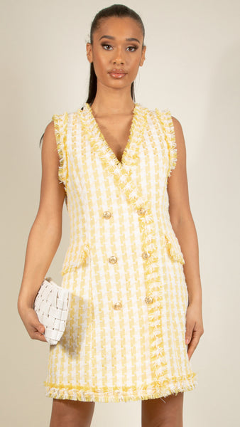 Double Breasted Tweed Blazer Dress - Yellow