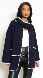 Contrast Edge Jacket And Scarf Set - Navy