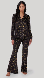 Chelsea Peers Velour Black & Gold Foil Star Print Long PJ Set