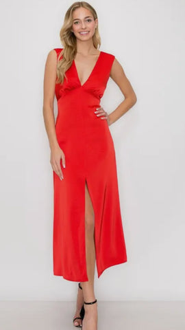 Sleeveless Satin Midi Dress Open-Back Design - Red
