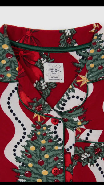 Chelsea Peers Kids Red & White Wreath & Tree Stripe Print Long PJ Set