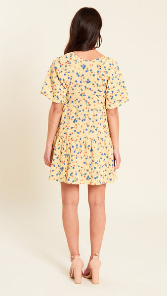 Yellow Floral Mini Dress with Puff Sleeve
