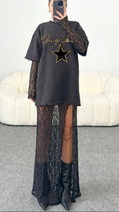Star T-Shirt With Lace Maxi Dress Underlay