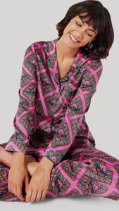 Chelsea Peers Satin Pink Mosaic Bee Print Long Pyjama Set