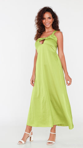 One Shoulder Satin Slip Dress - Green