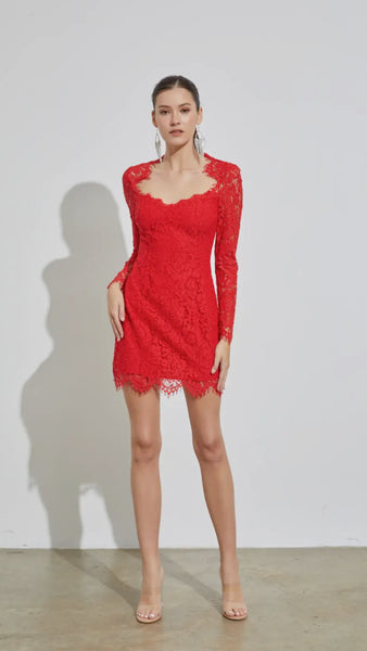Red Lace High Colar Mini Dress'