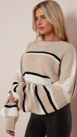 Colour Block Oversized Cropped Knitted Jumper - Stone