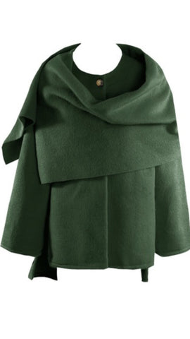 Short Knit Coat With Asymmetric Scarf - Green