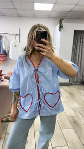 Gingham Blouse With Embroidered Heart Pockets In Blue ((Pre Order est 7th May)