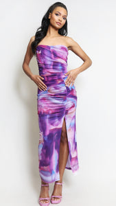Ruched Tie Dye Bandeau And Maxi Skirt Co-Ords - Violet