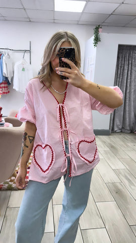 Gingham Blouse With Embroidered Heart Pockets In Pink (Pre Order est 7th May)