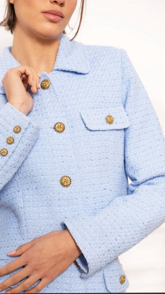 Tweed Cropped Blazer With Golden Buttons - Sky Blue