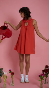 Keyhole Front Linen Smock Dress In Red
