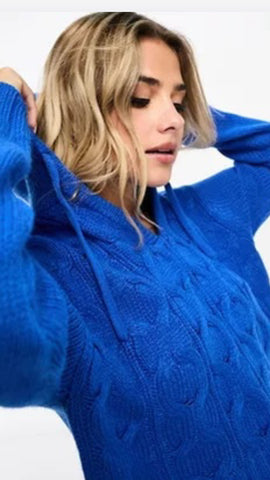 Cobalt Blue Cable Knit Hooded Jumper with Tie Detail