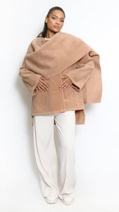 Short Knit Coat With Asymmetric Scarf - Camel