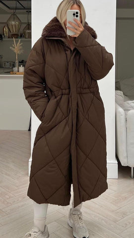 Brown Longline Puffer Coat with Detachable Fur