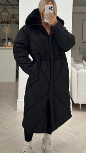 Black Longline Puffer Coat with Detachable Fur