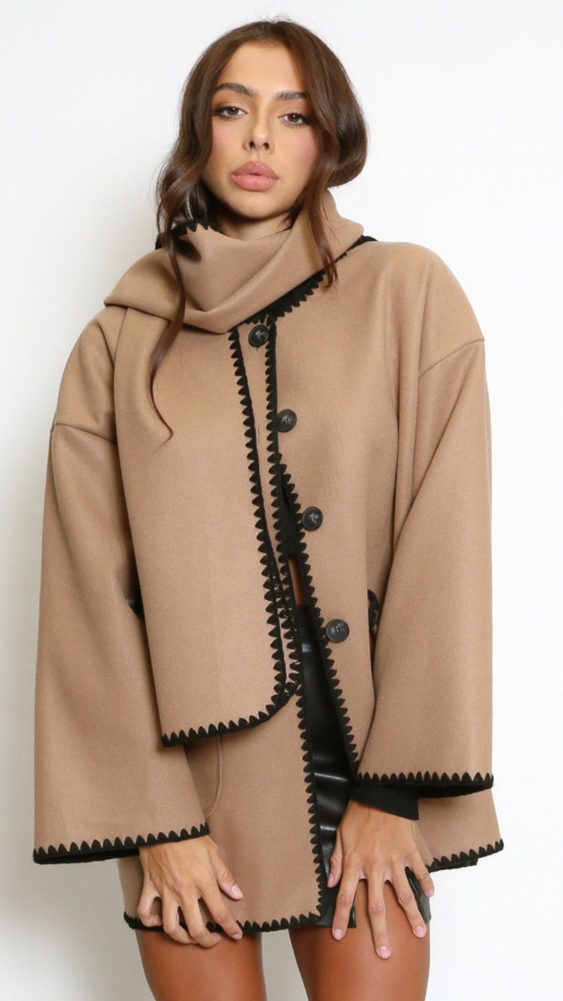 Contrast Edge Jacket And Scarf Set - Camel