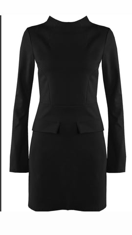 High Neck Shift Mini Dress With Open Cuff - Black