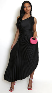 One Shoulder Satin Pleated Dress - Black