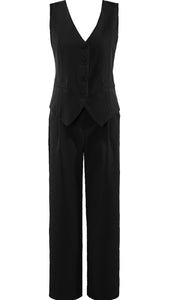 Front Pocketed Waist Coat And Wide Leg Trouser Set - Black