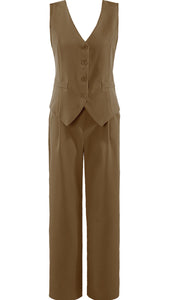 Front Pocketed Waist Coat And Wide Leg Trouser Set - Camel