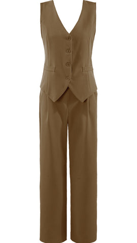 Front Pocketed Waist Coat And Wide Leg Trouser Set - Camel