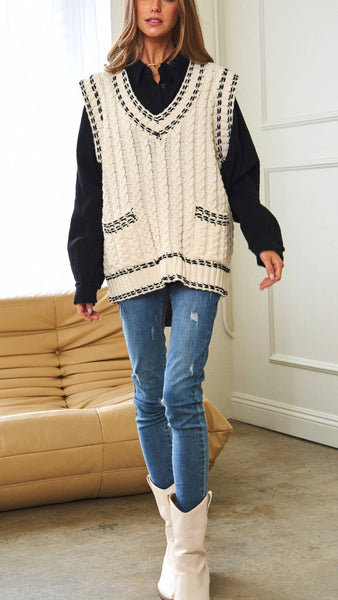 Oversized V Neck Pocketed Sweater